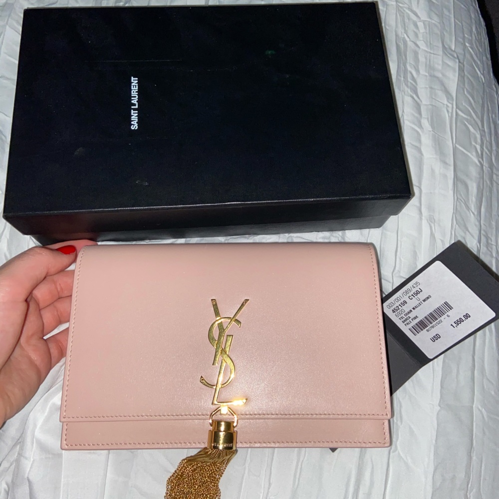 Blush pink saint Laurent ysl Kate chain wallet